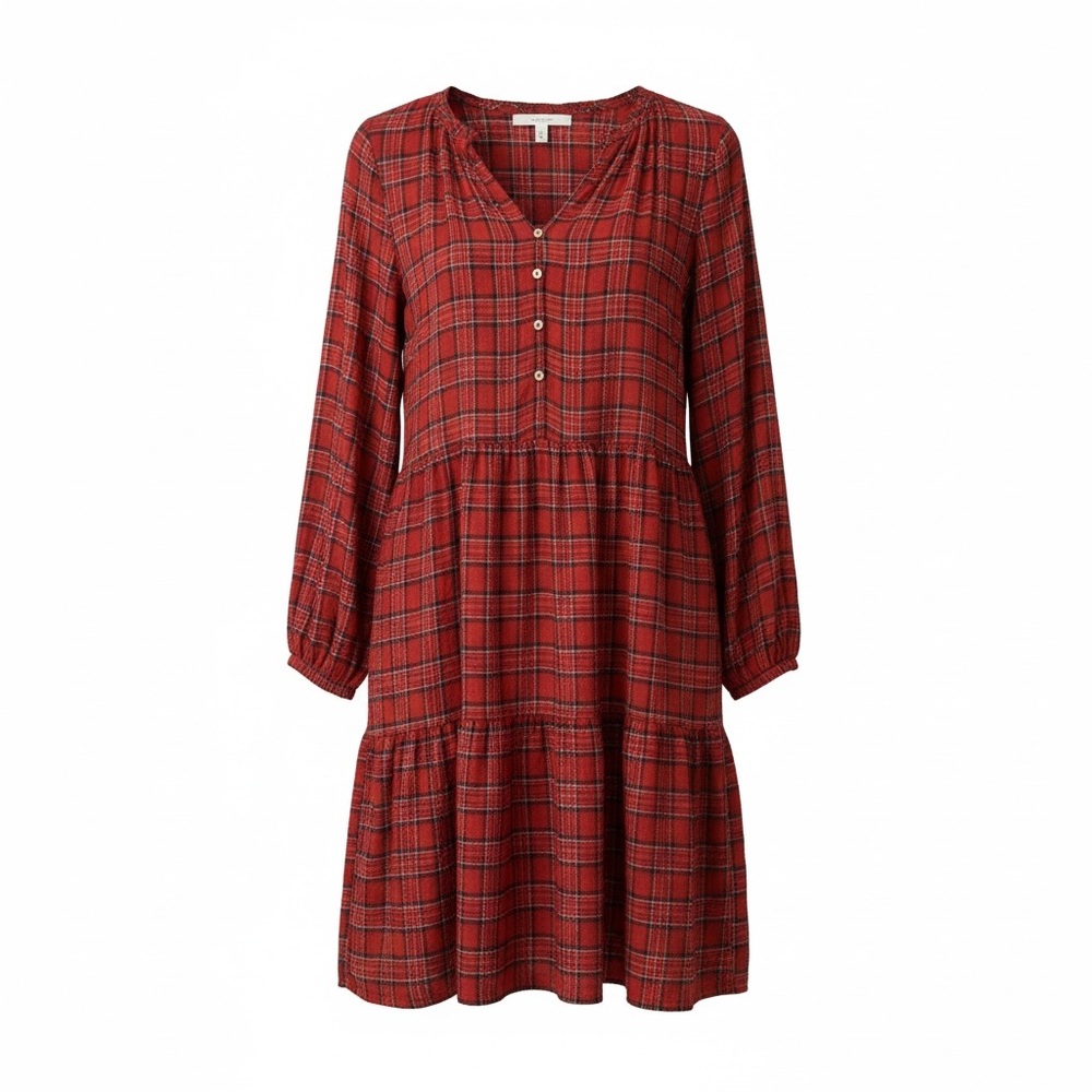 LOFT Red Plaid Ruffle Neck Swing Dress Tiered Babydoll Long Sleeve Size L